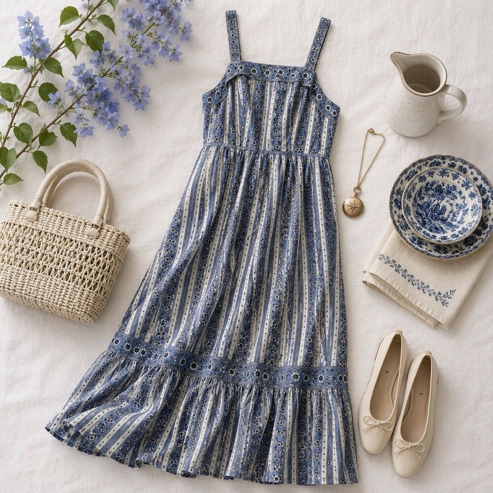 Max Studio Blue White Floral Stripe Cotton Maxi Dress Smocked Tiered Medium
